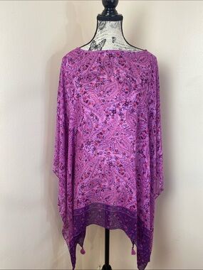 J. Jill XL-3X Pink Paisley Kimono Poncho Cover-Up | Boho Tassel hem